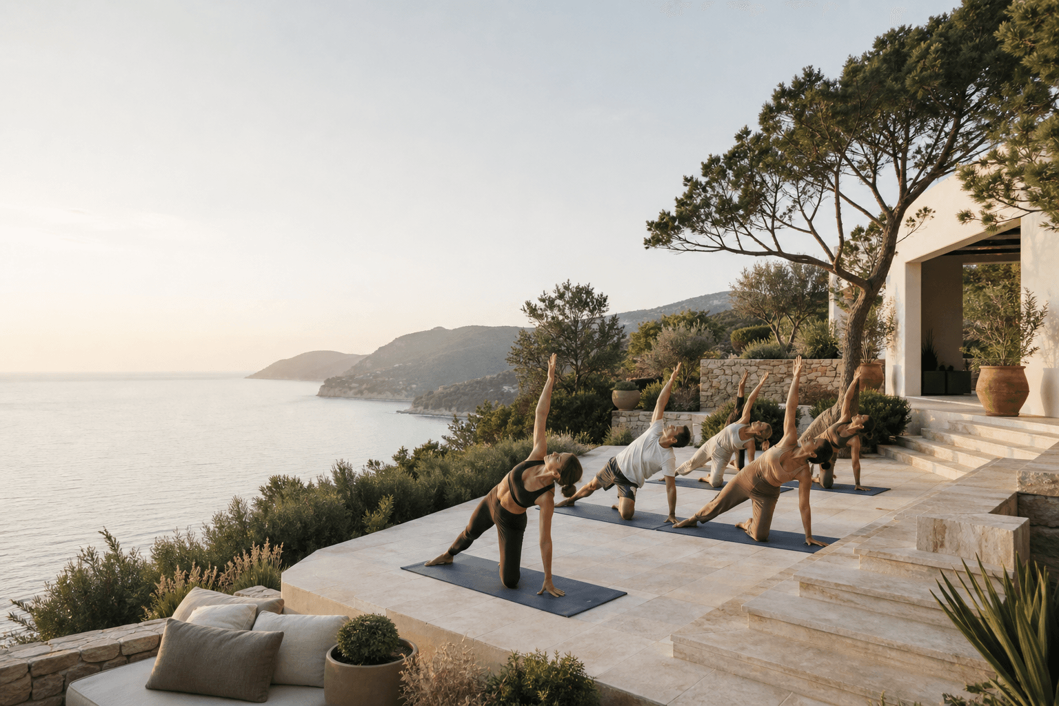 Guests practicing yoga at a peaceful coastal retreat