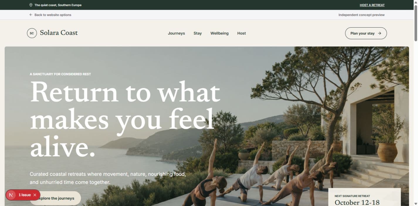 Preview of the Solara Coast retreat homepage