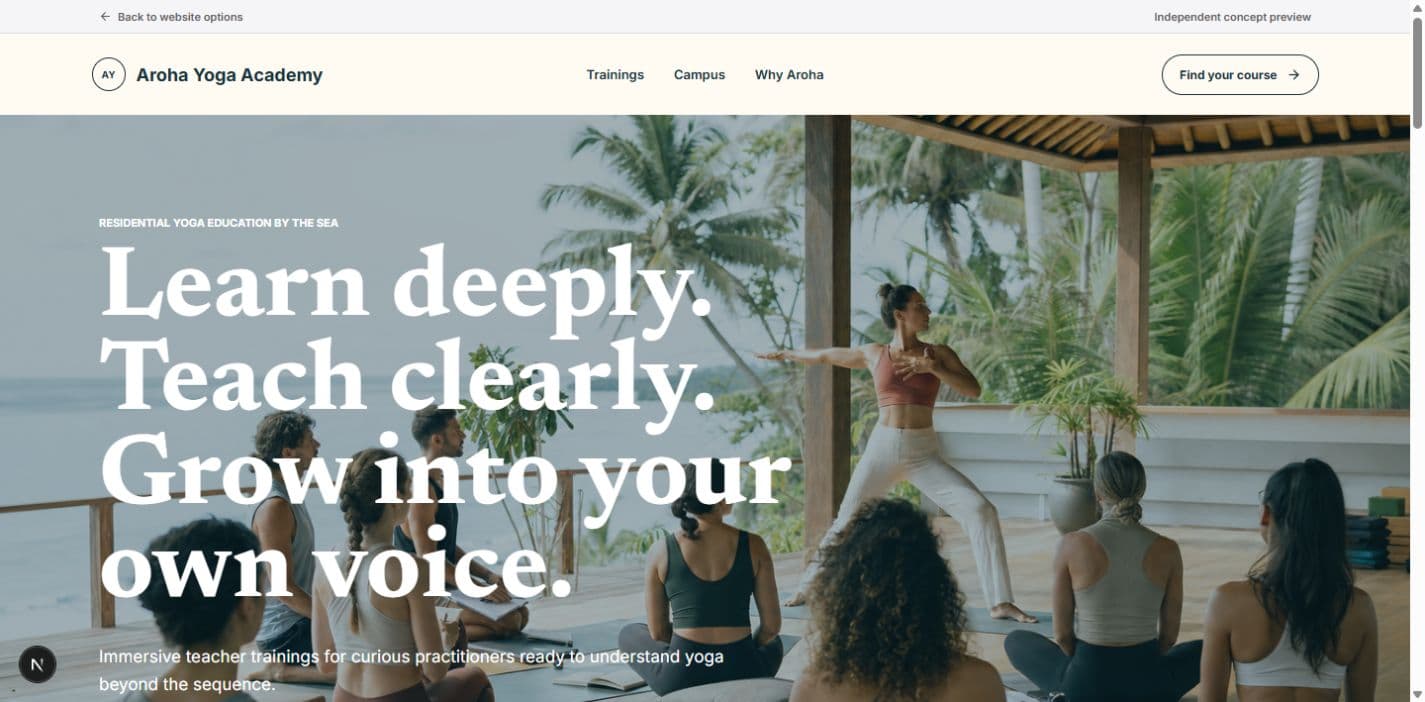 Preview of the Aroha Yoga Academy homepage