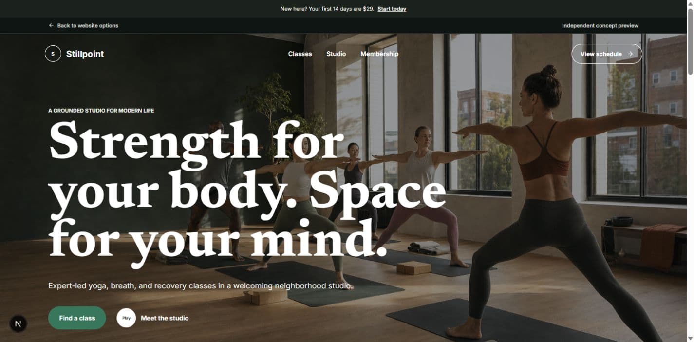 Preview of the Stillpoint yoga studio homepage