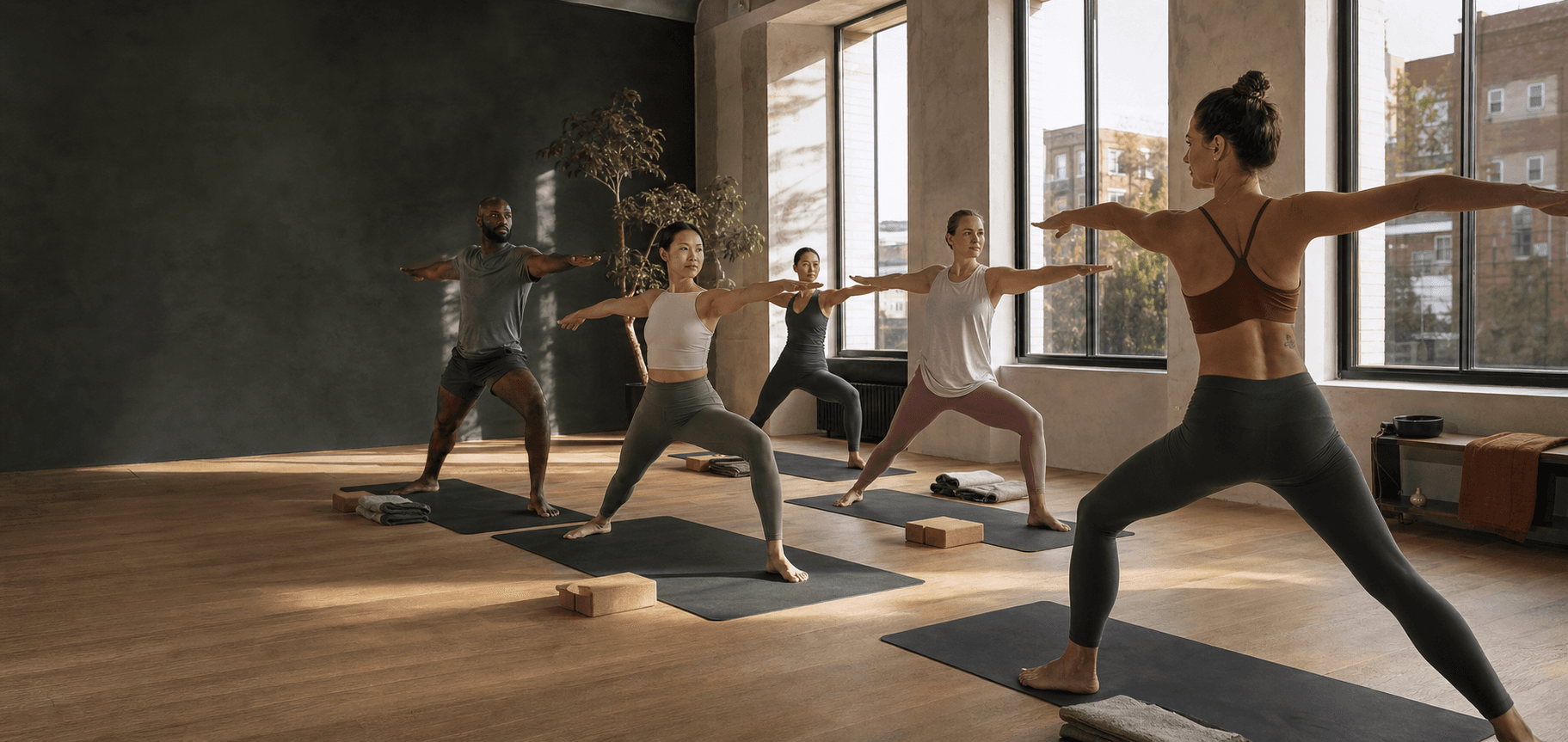 A group practicing yoga in a modern city studio